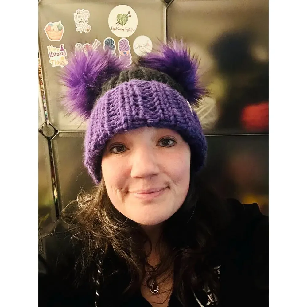 Hand Knit Beanie with Double Faux Fur Poms - Adult Winter Hat